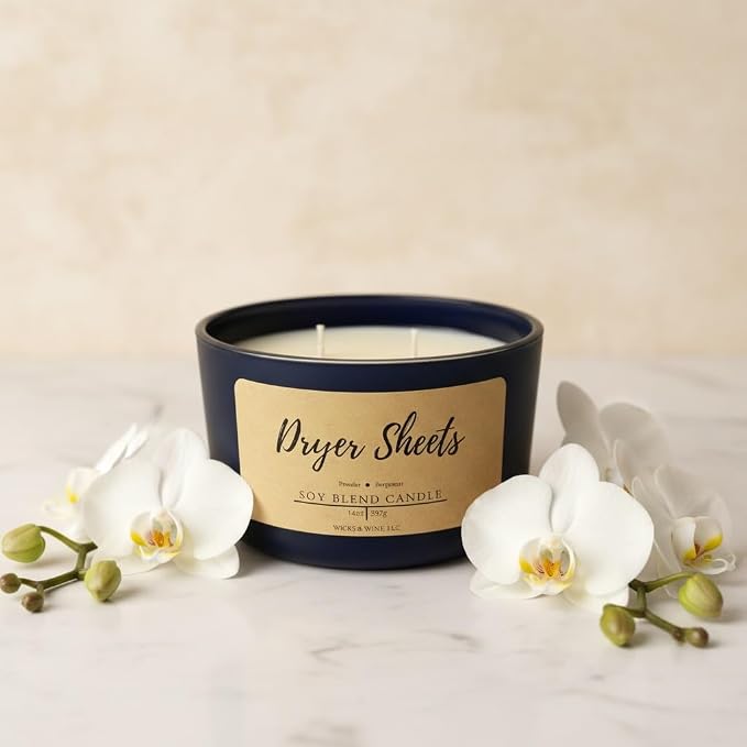 Wicks & Wine Soy Blend 3-Wick Cotton CORE Candle 14oz (Dryer Sheets)
