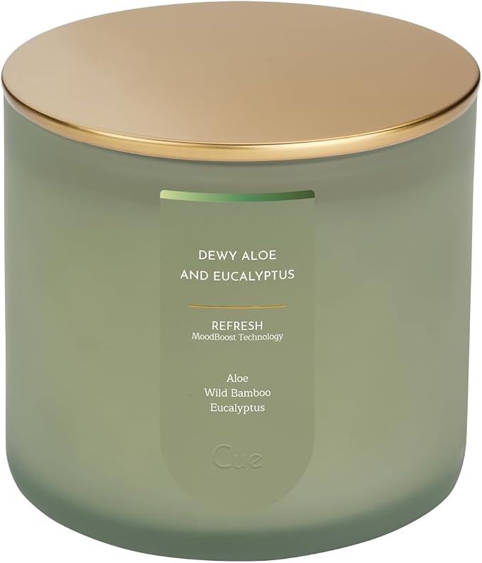CUE Scented Candle |MoodBoost Essential Oils |OpenWick Clean Burning Candle | Soy Coconut Wax Blend | Candle for Home | Gift |Extended Burn Time (14oz, Dewy Aloe and Eucalyptus)