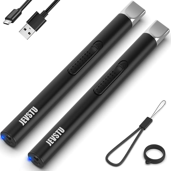 Candle Lighter, Electric USB Rechargeable, Arc Plasma Electronic Windproof Flameless Long Lighter with Safety Switch Hook for Kitchen, Black & Black