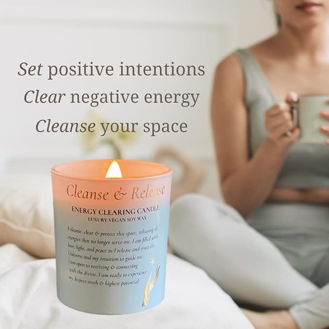 Sage Candles for Cleansing – White Sage Smudge Wood Wick Candles that Crackle with Selenite Crystal & Quartz for Home Rituals & Manifestation