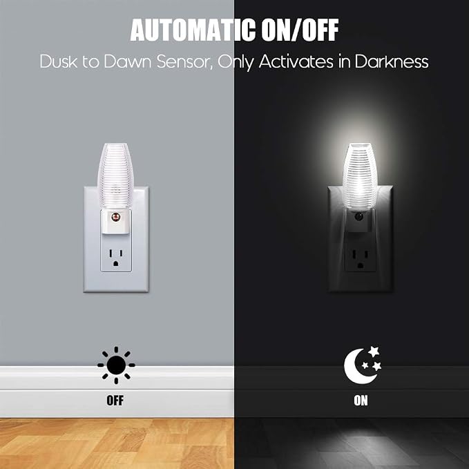 Emotionlite Plug in Night Light, Neutral White LED Nightlight, Dusk to Dawn Sensor, Kids, Nursery, Bedroom, Bathroom,Hallway, Stairs, Kitchen, 4 Pack