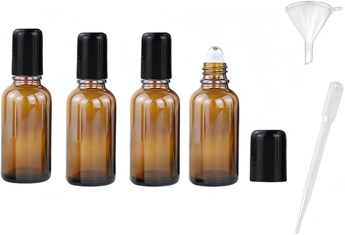 4 Pack 30mL Amber Glass Essential Oil Roller Bottles,Refillable Massage Roll on Bottles with Stainless Steel Roller Balls,Empty Travel Roller Containers for Sample Perfumes Lip Balms Aromatherapy
