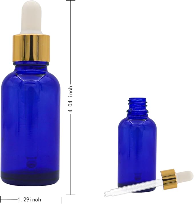 12 Pack Blue Glass Dropper Bottle, 1 oz, with Eye Dropper and Gold Cap, Leak Proof Travel Bottle for Essential Oils/Chemistry Lab Chemicals/Cologne and Perfume