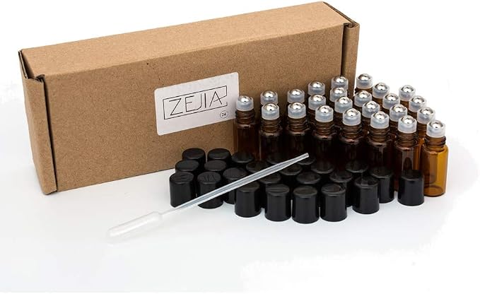 3ml Roller Bottles 24Pack Amber Thick Glass Essential Oil Bottles with Stainless Steel Roller Ball and 2 Droppers