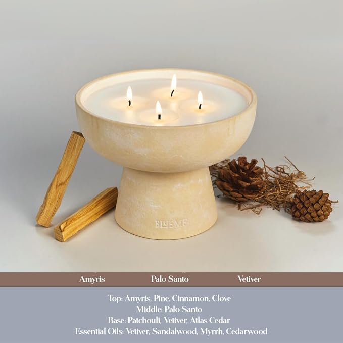 Blueme Spiritual Candle | Palo Santo & Vetiver | 4 Wick - Refillable Wellness Candle with Essential Oils, Hand Finished & Poured Soy Wax Blend Ceramic Vessel, Natural Cotton Wicks | Large 24 oz