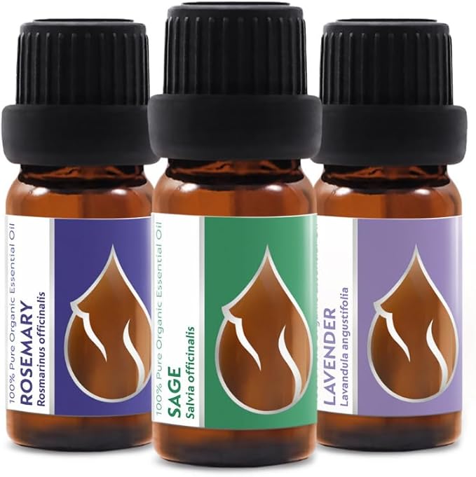Set Bliss Organic Essential Oils | Rosemary + Sage + Lavender | 100% Pure and Natural | Undiluted | Therapeutic Grade | Family-Owned Farm | Non-GMO | (3 pcs x 10 ml)
