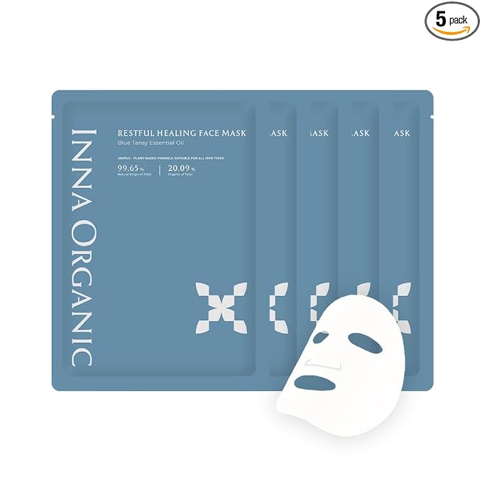 INNA ORGANIC Organic Sheet Mask - Nexty Award Finalist, Sleep Well Glow, Overnight Renewal, Restful Healing, Sustainable & Clean Beauty (Pack of 5) | Blue Tansy Essential Oils Infused Skin Care