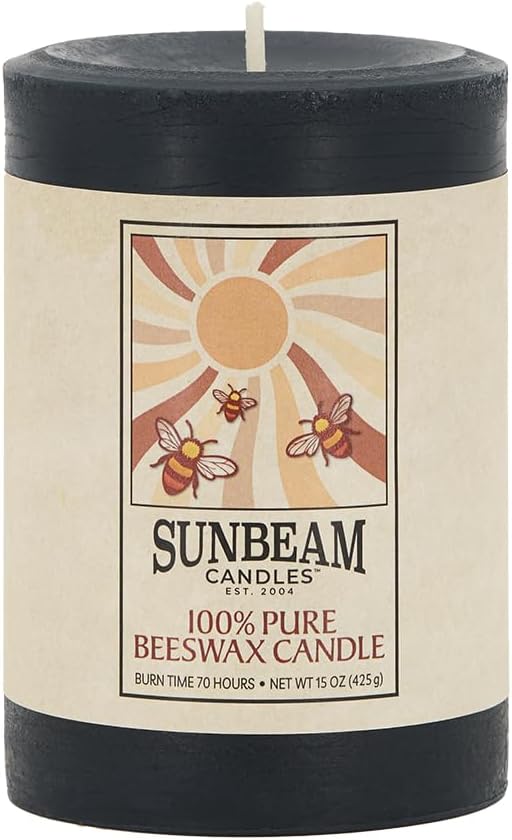 Sunbeam Candles 100% Pure Beeswax Pillar Candles | Long Burning All Natural Non-Toxic Beeswax Candles | Made in USA (Smooth, Midnight Black, 3"x4.25")