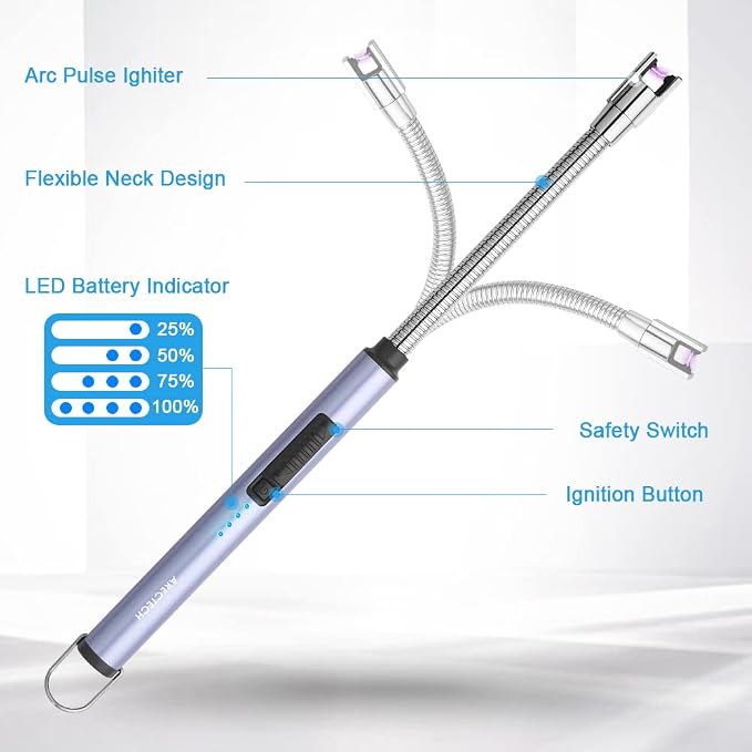 ARECTECH Electric Arc Candle Lighter Flameless Rechargeable USB Long Lighter for Candle Cooking BBQs Fireworks Blue