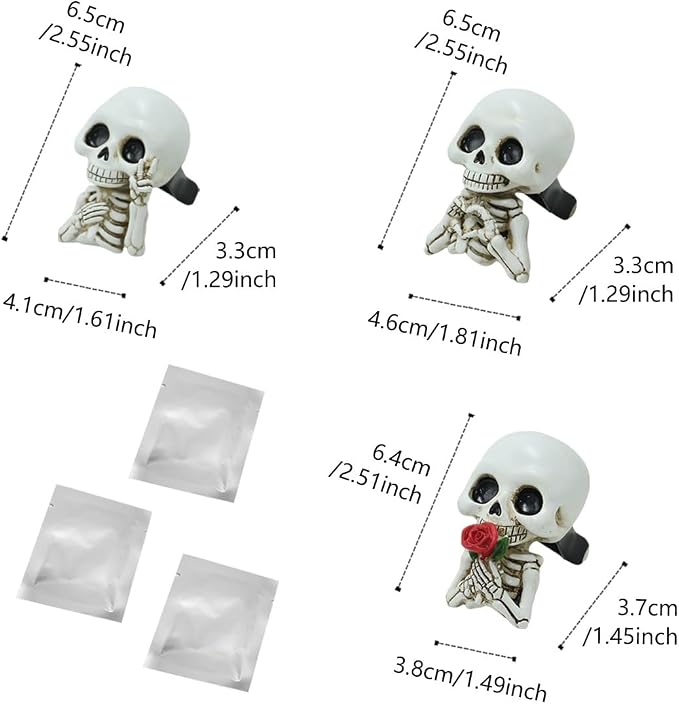 Set of 3 Halloween Skull Decor Cute Car Air Freshener Vent Clips, Resin Skeleton Holding Rose Car Diffuser Romantic Dashboard Decorations Auto Interior Accessories for Men Women