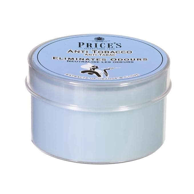 Price's - Anti-Tobacco Tin Candles - Odour Eliminating - Made with Orange and Clove Extracts - Clean, Fresh, Quality Fragrance - Long Lasting Scent