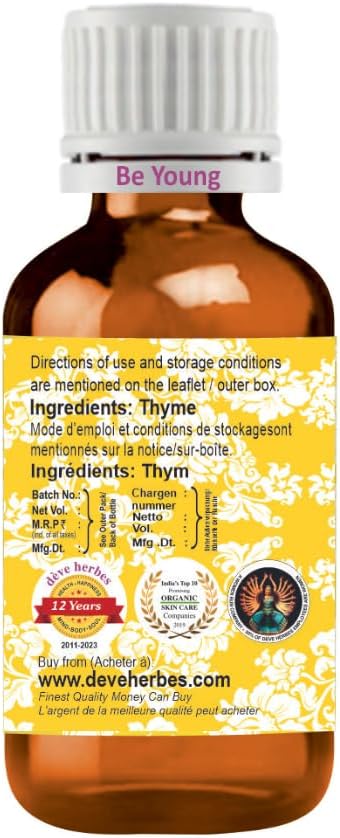 dève herbes Thyme Essential Oil (Thymus vulgaris) Pure | Non-Sticky | Non-Greasy | Lightweight | Men & Women | All Skin Types | Steam Distilled 30ml (1 oz)