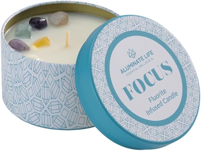 Luxury Candle Tin, 6 OZ, Focus - Fluorite Crystal Infused - Scents of Orange, Ginger, Ylang-ylang, & Lavender - Awareness, Mental Order, & Clarity - Coconut Wax Blend