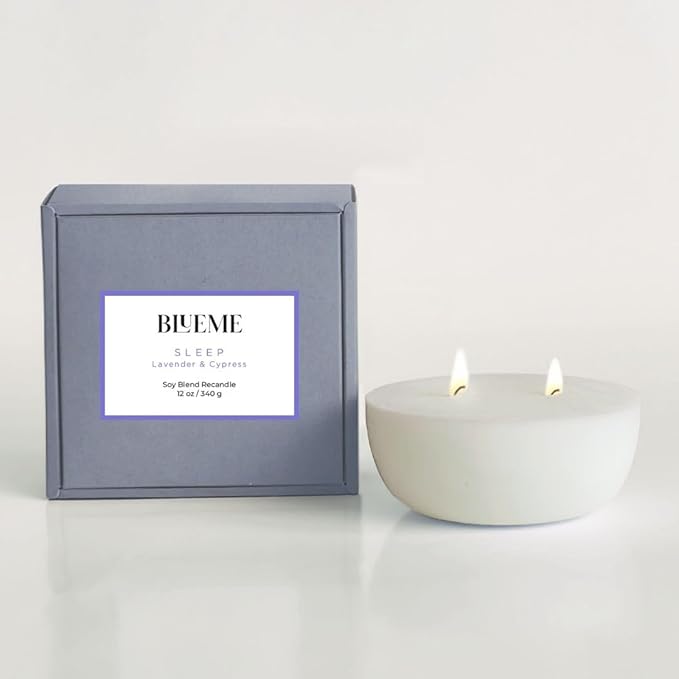 Blueme Sleep Candle Refill | Lavender & Cypress | 2 Wick - Contains Essential Oil, Sustainable, Hand Finished, Hand Poured, Luxury Refill, Natural Cotton Wick, Soy-Wax Blend | Medium 12 oz
