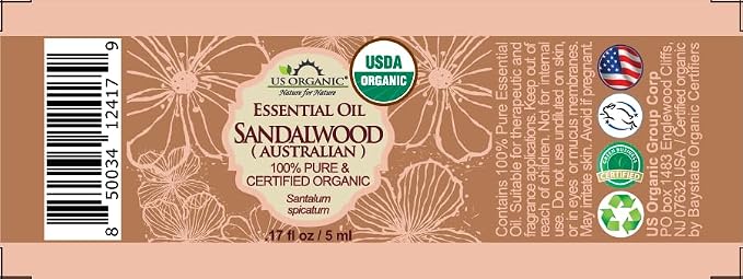 US Organic 100% Pure Sandalwood Essential Oil, USDA Certified Organic, Steam Distilled, Santalum Spicatum, Premium Quality, Woody Scent, Ideal for Diffuser, Massage & Skincare, from Australia (5 ml)