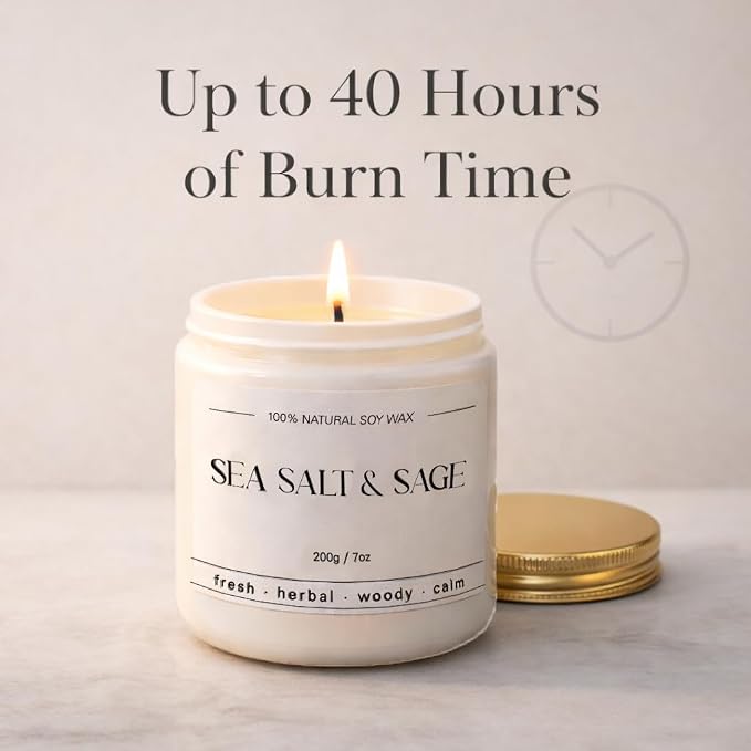 Sea Salt & Sage Candle - Summer Scented Soy Candles for Home - Coastal Decor for Beach Lovers, 7oz Soy Wax, 40 Hour Burn Time, Beach, Living Room, Bathroom