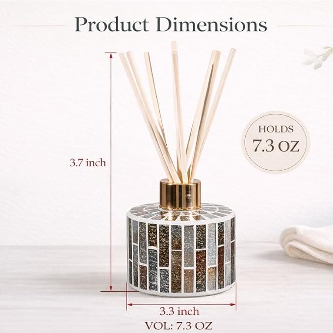 7.3oz Decorative Vertical Stripe Mosaic Glass Reed Diffuser Bottle Set with Silver Caps & 16pcs Natural Feed Sticks-Set of 2 - Ideal for Home Fragrance, Bathroom Decoration, Accent (Amber)