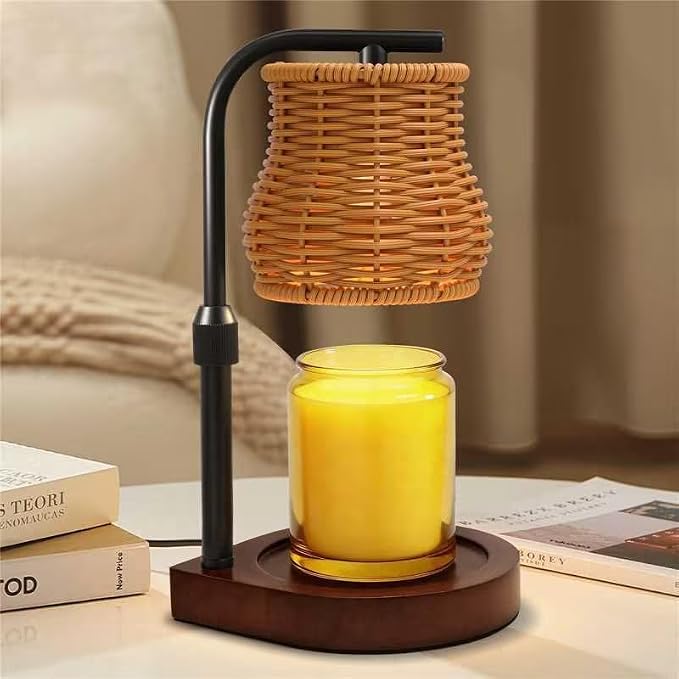 Candle Warmer Lamp with Timer & Dimmer - Electric Wax Melt Warmer with Adjustable Height for Scented Candles, Rattan Design for Home Decor, Mothers Day Gifts, Housewarming (Gold)
