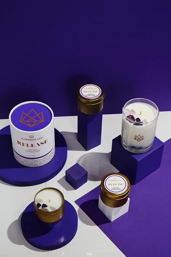 Luxury Candle Tin, 4 OZ, Release, Amethyst Crystal Infused - Scents of Lavender, Bergamot, & Frankincense - Valentine's Day Gift - Coconut Wax, Essential Oils, Dr. Developed
