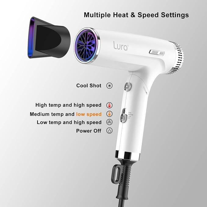 LURA Auto Dual Voltage Hair Dryer for International Travel,Travel HairDryers with Difffuser,Small Portable Blow Dryer for Women Lightweight,Compact Mini Blowdryers with Folding Hand for Kids(White)