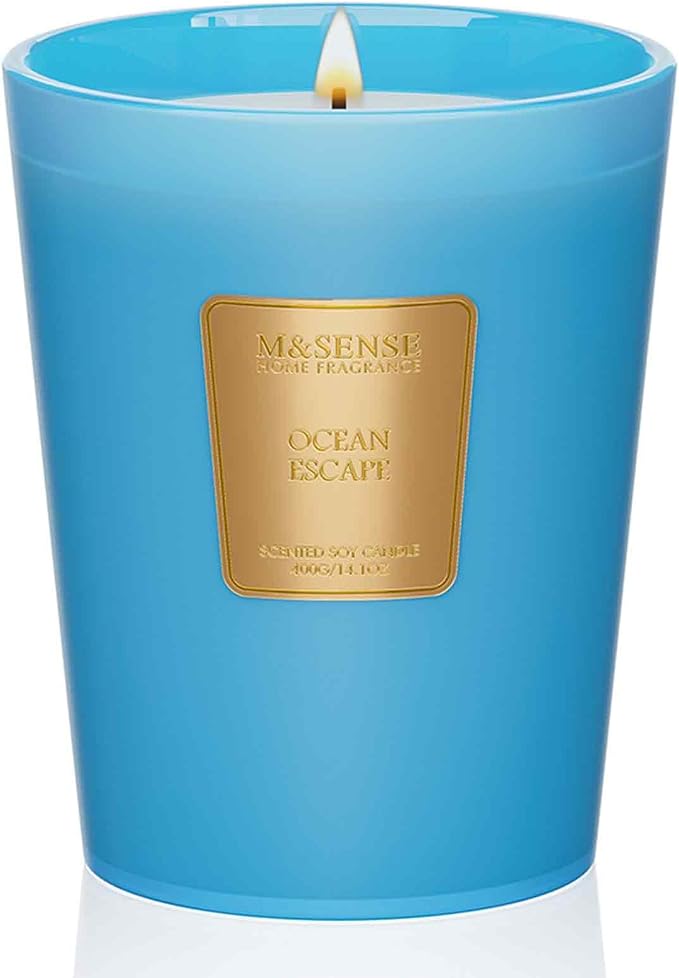 M&SENSE Ocean Escape Soy Candle, 14.1oz 60H Slow Burning, Coastal Summer Aroma, Stress Relief, Beach House Gift
