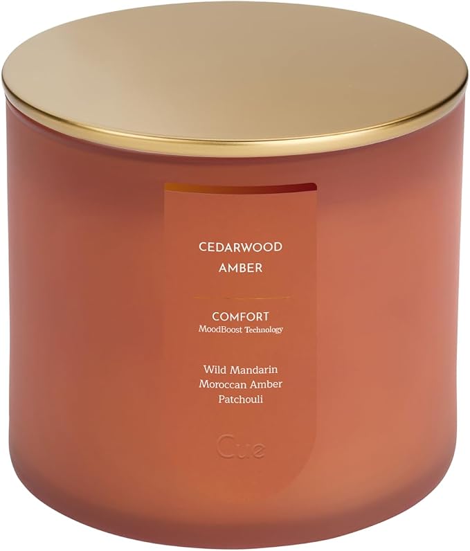 CUE Scented Candle |MoodBoost Essential Oils |OpenWick Clean Burning Candle | Soy Coconut Wax Blend | Candle for Home | Gift |Extended Burn Time (14oz, Cedarwood Amber)