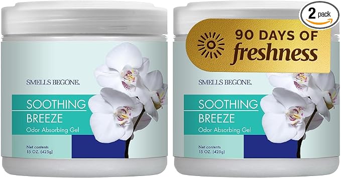 SMELLS BEGONE 15oz Gel Odor Eliminator - Absorb & Remove Tough Odors in Pet Areas, Bathrooms, Basements, Garage, Cars, RVs & Boats - Eliminate Odors Quickly (2-Pack, Soothing Breeze)