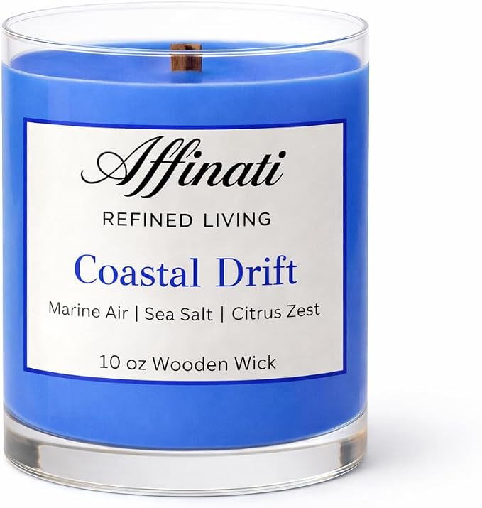 Affinati Coastal Drift Scented Candle, 10 oz Wooden Wick Tumbler Jar – Fresh Ocean Breeze Aromatherapy, Clean Soy Wax Blend Gift