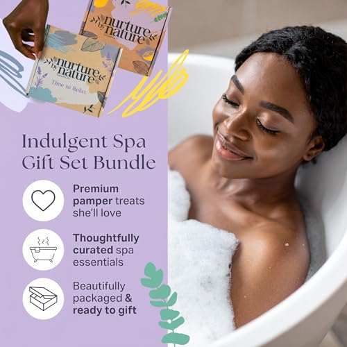Nurture by Nature Spa Gift Set for Women Bundle - Relaxing and Uplifting Self Care Gift Set Duo with Hand Cream, Scented Candle, Bath Bombs, Bath & Body Gift Set, Mothers Day Gift, Gift for Mom