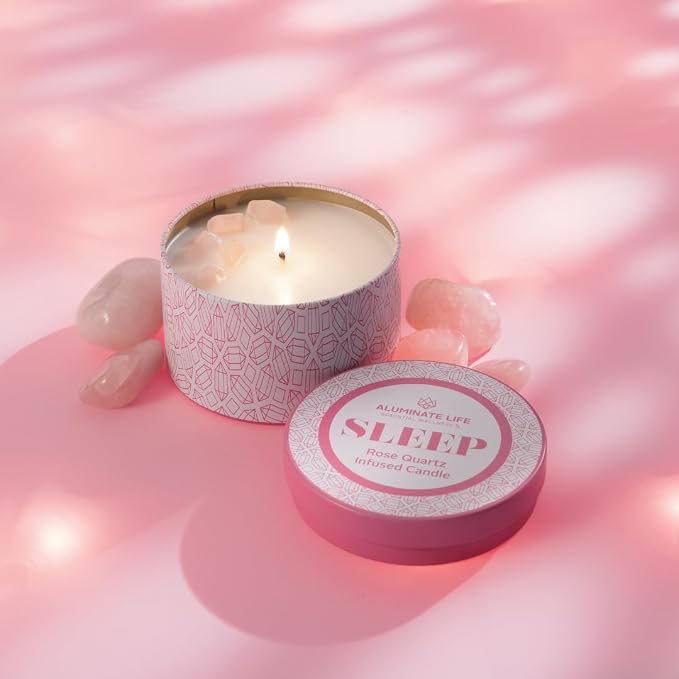 Luxury Candle Tin, 6 OZ, Sleep - Rose Quartz Crystal Infused - Scents of Rose, Lavender, and Vanilla - Tranquility, Love, & Comfort - Coconut Wax, Essential Oils, Dr. Developed