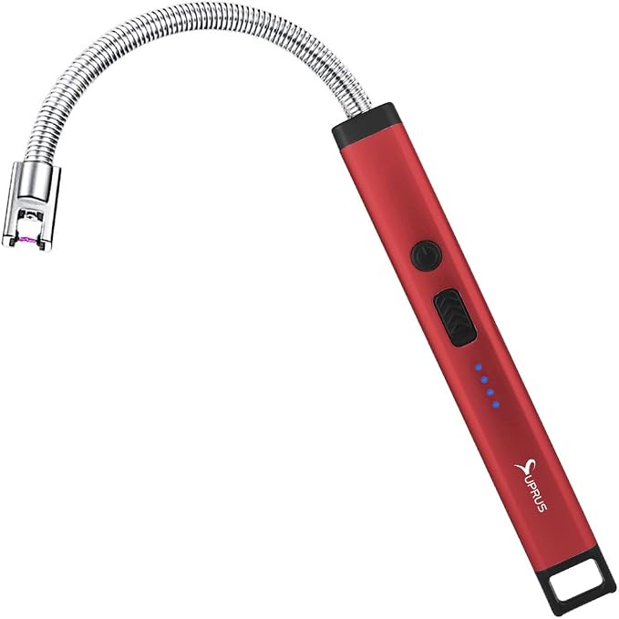 SUPRUS Rechargeable Candle Lighter Electric Arc Triple Safety Long Lighter Stainless Steel Shell & Hanging Hook (Red)