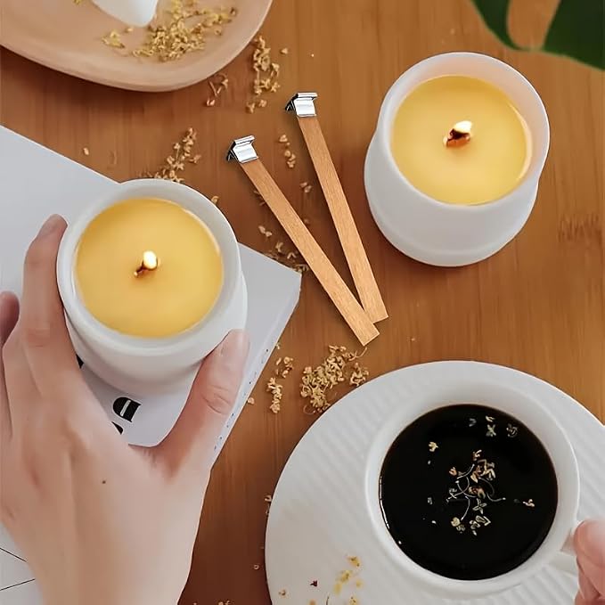 Candle Making Supplies Kit - Natural Cotton & Wooden Wicks with Stickers, Sustainers, Holders for Soy Wax, Beeswax, Coconut Wax DIY Candle Making Supplies (Pack of 6)