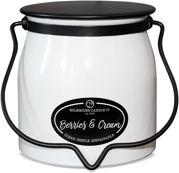 Milkhouse Candle Company Berries & Cream Soy Candle - Raspberry | Blueberry | Sugarcane Scented - 16 oz Butter Jar with Lid, 65+ Hour Burn Time, Made in the USA