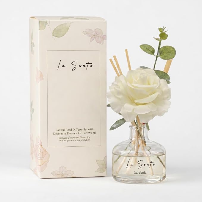 White Gardenia Reed Diffuser Set 8.5 fl oz | Long Lasting Flameless Home Fragrance with Decorative Flower & Natural Reeds | Elegant Scent for Home, Office, Gifts