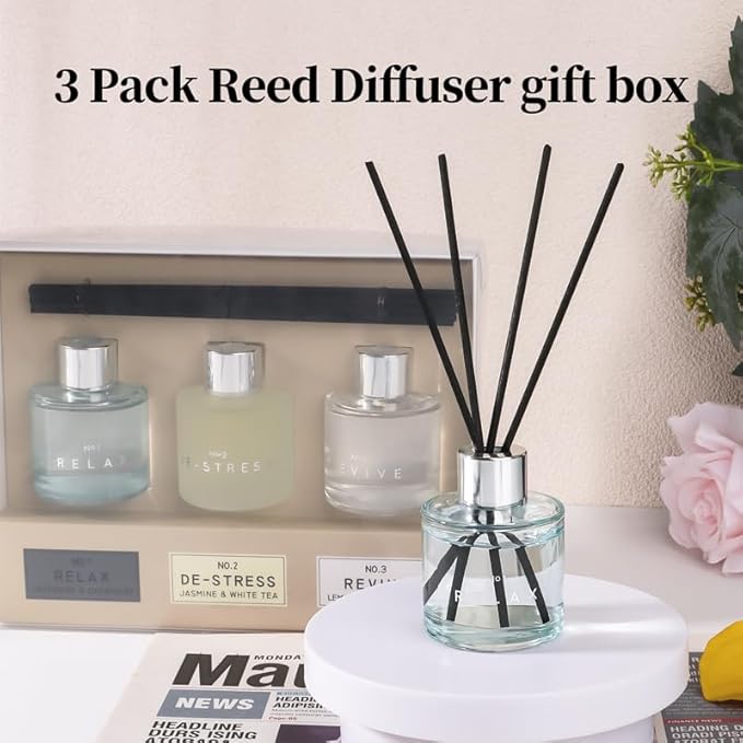 3 Pack Fragrance Diffuser, 50ML Lavender Geranium Jasmine White Tea Lemongrass Ginger Aromatherapy Diffuser Set with 12 Black Fiber Sticks,Air Freshener for Bedroom Bathroom Office