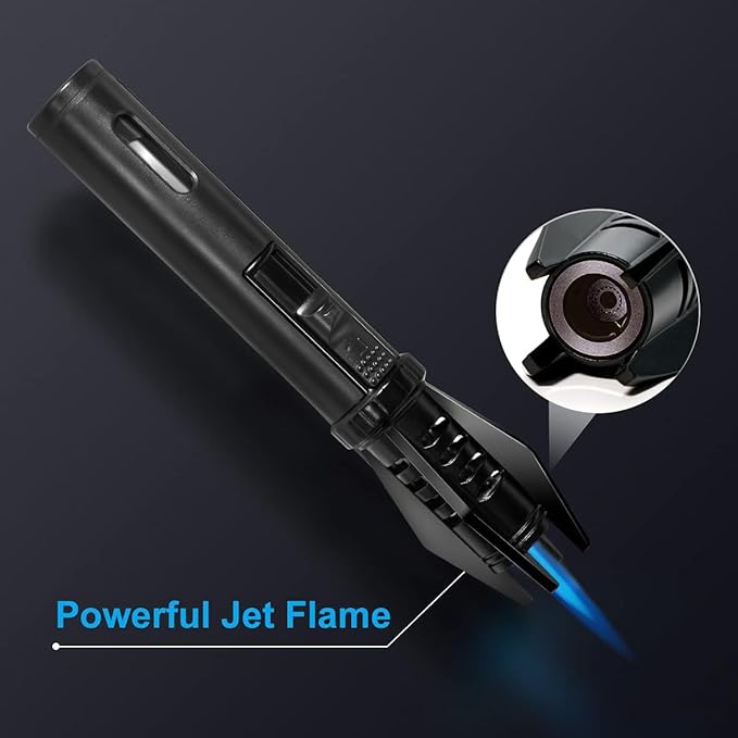Camping Mini Torch Lighter EDC Windproof Small Lighters with Visual Window Refillable Gas Pocket Tactical Jet Flame for Hiking Survival Kitchen Grill Fireplace Home Candle BBQ, 5" (Without Butane)