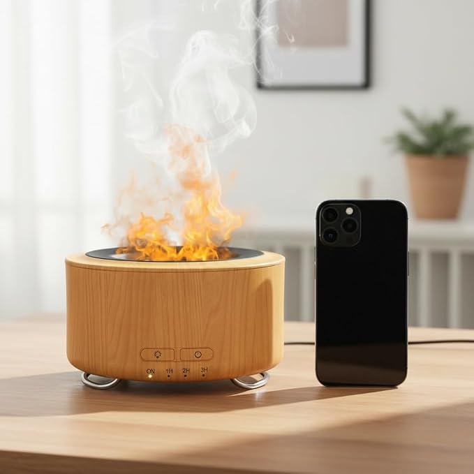 Essential Oil Diffuser with Flame,500ml Humidifier Aromatherapy Diffuser with Auto Off for Home&Office&Bedroom,Brown