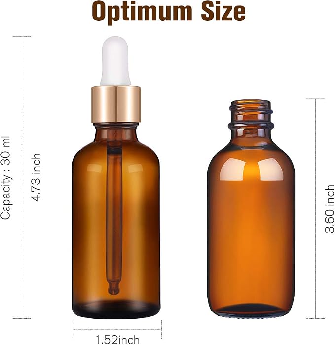 PrettyCare Glass Eye Dropper Bottles 2oz (60ml), 12 Pcs Amber Empty Thick Bottles Bulk with Leakproof Golden Caps - With Labels & Funnels for for Storage, Travel,Essential Oils, DIY Serums, Tincture