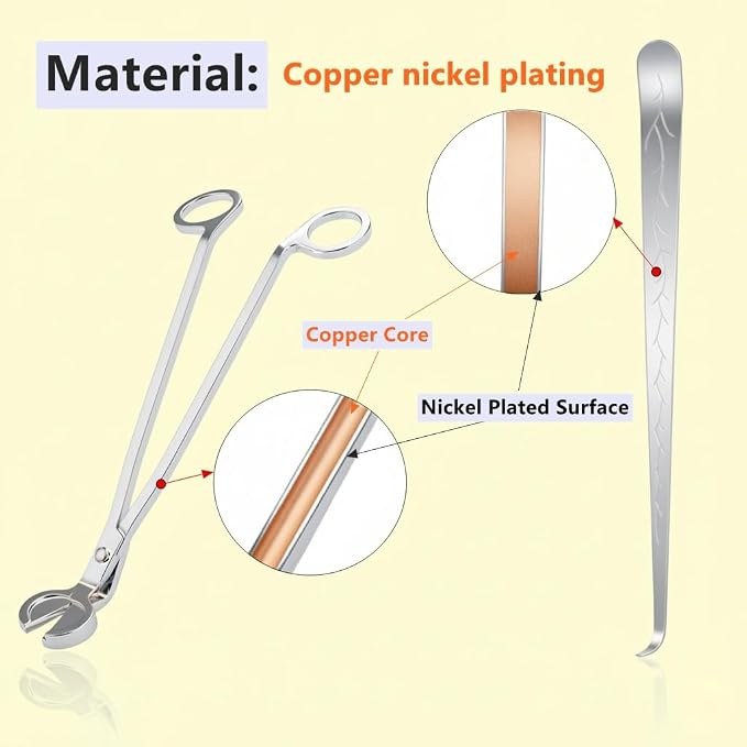 Candle Wick Trimmer Set with Wick Dipper, Copper Nickel Plated Textured Mirror Finish, Aesthetic Candle Accessory for Relaxation & Bedtime Rituals