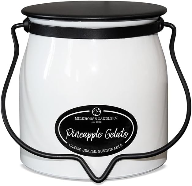 Milkhouse Candle Company Pineapple Gelato Soy Candle - Pineapple | Coconut | Vanilla Bean Scented - 16 oz Butter Jar with Lid, 65+ Hour Burn Time, Made in the USA