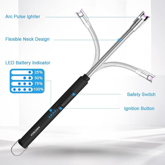 ARECTECH Electric Arc Candle Lighter Flameless Rechargeable USB Long Lighter for Candle Cooking BBQs Fireworks Black
