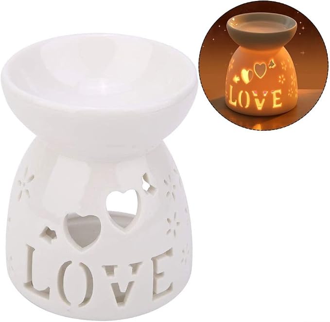 Ceramic Wax Melter for Scented Wax Melts and Essential Oils, Flower and Love Pattern Diffuser Burner with Spoon and Tray, Heat Resistant Warmer for Home Office Decor Night Light(flower)