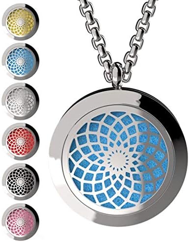 Wild Essentials Sun Mandala Essential Oil Diffuser Necklace, Stainless Steel Locket Pendant with 24 inch Chain, 12 Color Refill Pads, Customizable Color Changing Perfume Jewelry for Aromatherapy