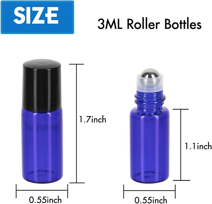 3ml Roller Bottles 24Pack Cobalt Blue Thick Glass Essential Oil Bottles with Stainless Steel Roller Ball and 2 Droppers