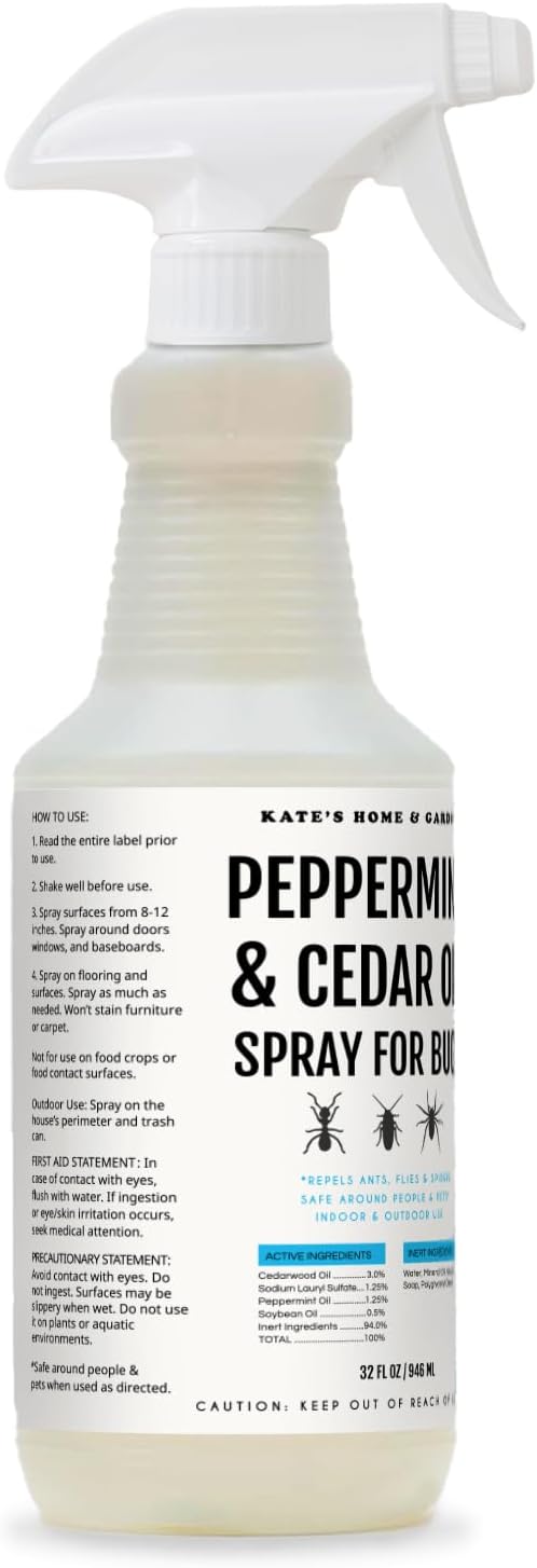 Kate's Home & Garden Peppermint Oil Spray for Bugs, Ants, Insects, Spiders, Roaches, Stink Bug. Pesticide and Insecticide Indoor Repellent Pest Control with Cedar Oil (32oz, Natural, Non Toxic)