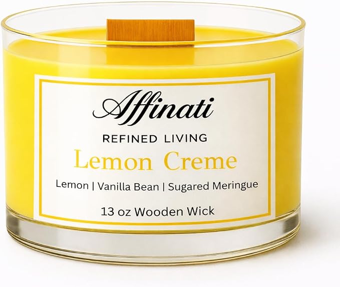 Affinati Lemon Creme Wooden Wick Candle – Premium Wooden Bowl, 13 oz