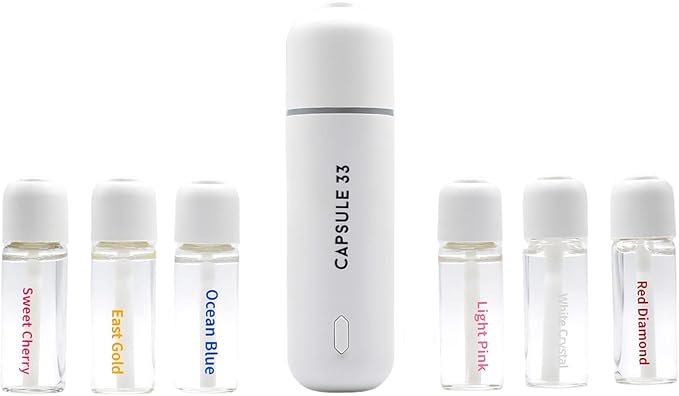 Car Perfume Starter Pack, Car Air Freshener, Ultrasonic Aroma Diffuser, 6 Fragrances (White Crystal, Red Diamond, East Gold, Ocean Blue, Sweet Cherry, Light Pink) (White)