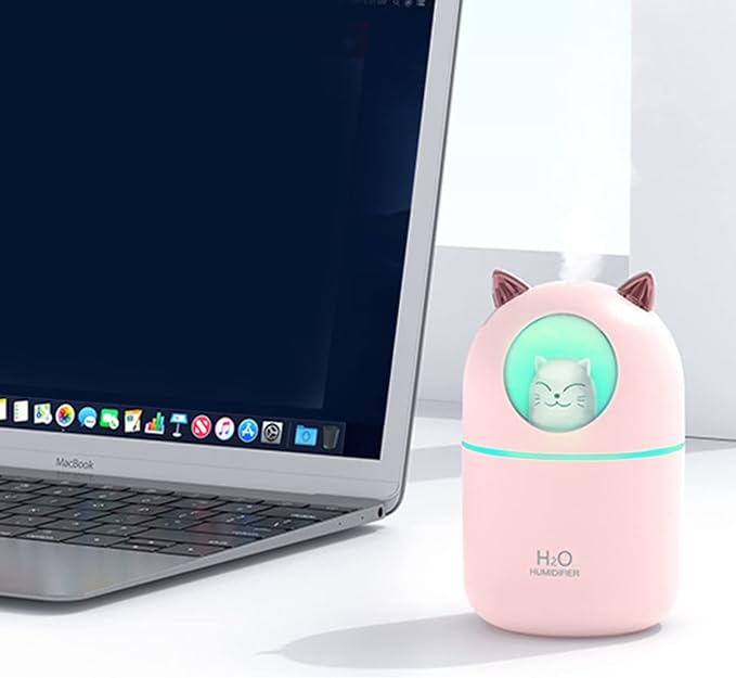 Small Humidifier Cute Portable Cool Mist with 12 Pcs Humidifier Sticks 7 Color Night Light USB Air for Bedroom Office Desk Car Travel (Pink+12 Filter Cotton Sticks)