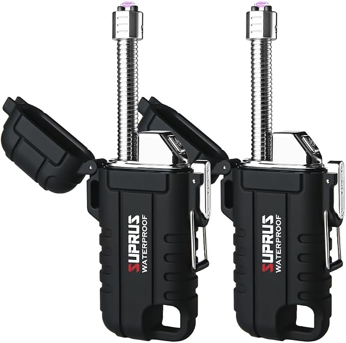 SUPRUS Waterproof Lighter Windproof Lighter Arc Plasma Lighters USB-C Rechargeable with Expandable and Flexible Neck for Outdoor, Camping & Kitchen (Black, 2Packs)