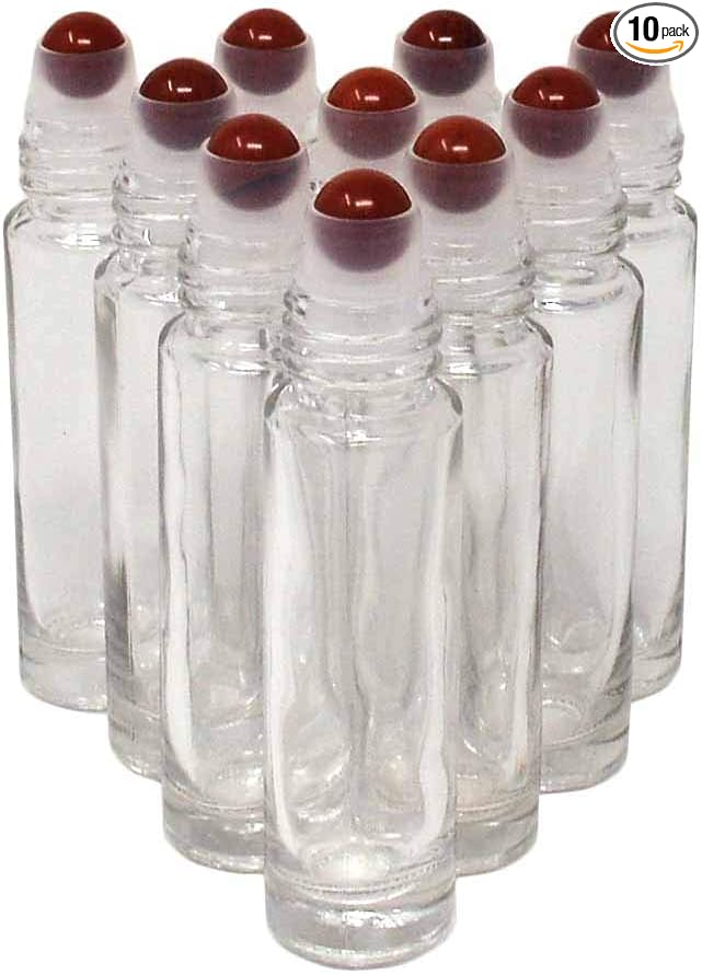 fengshuisale 10pcs Clear 10ml Empty Refillable Glass Bottles with Crystal Semiprecious Stones Essential Oil Gemstone Roller Ball Bottles with Silver Lid with Free Bag W3900 (Jasper)
